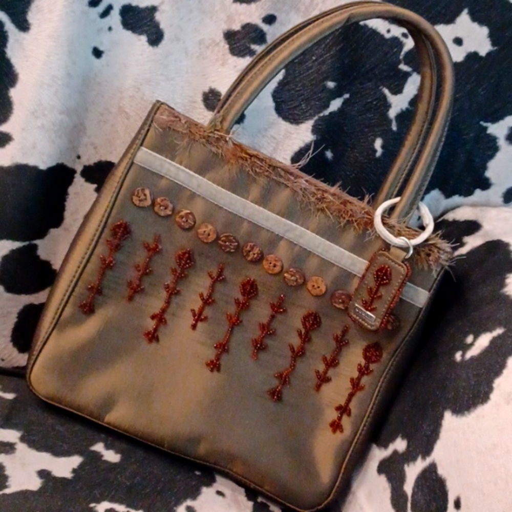 GUESS mini bag olive green embroidered beaded purse